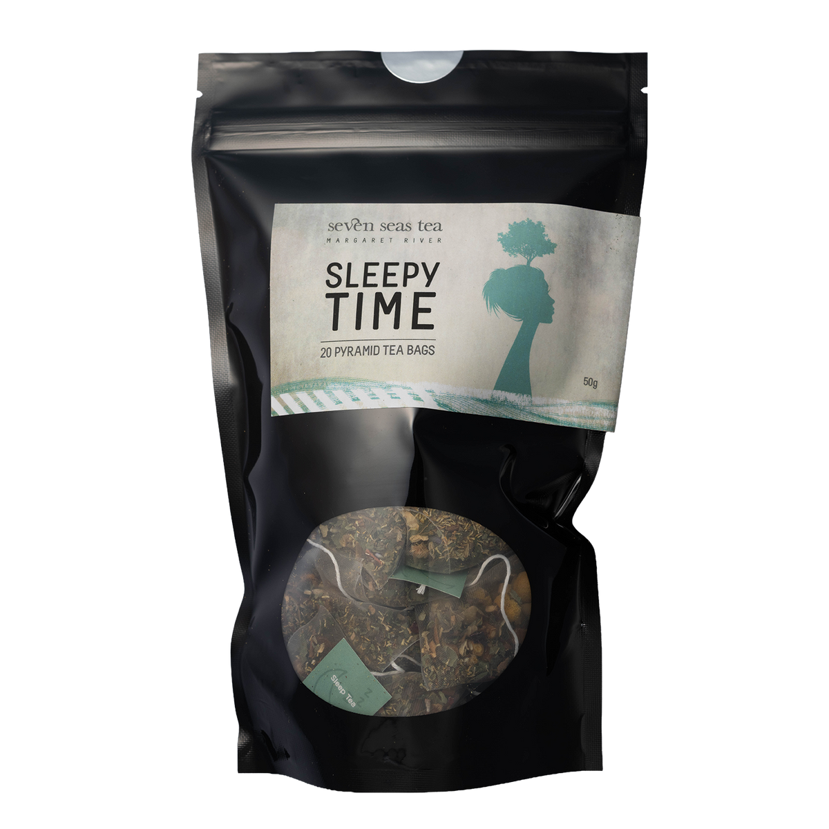 Black pouch of Organic Sleepy Time Teabags with a pyramid bag in the window