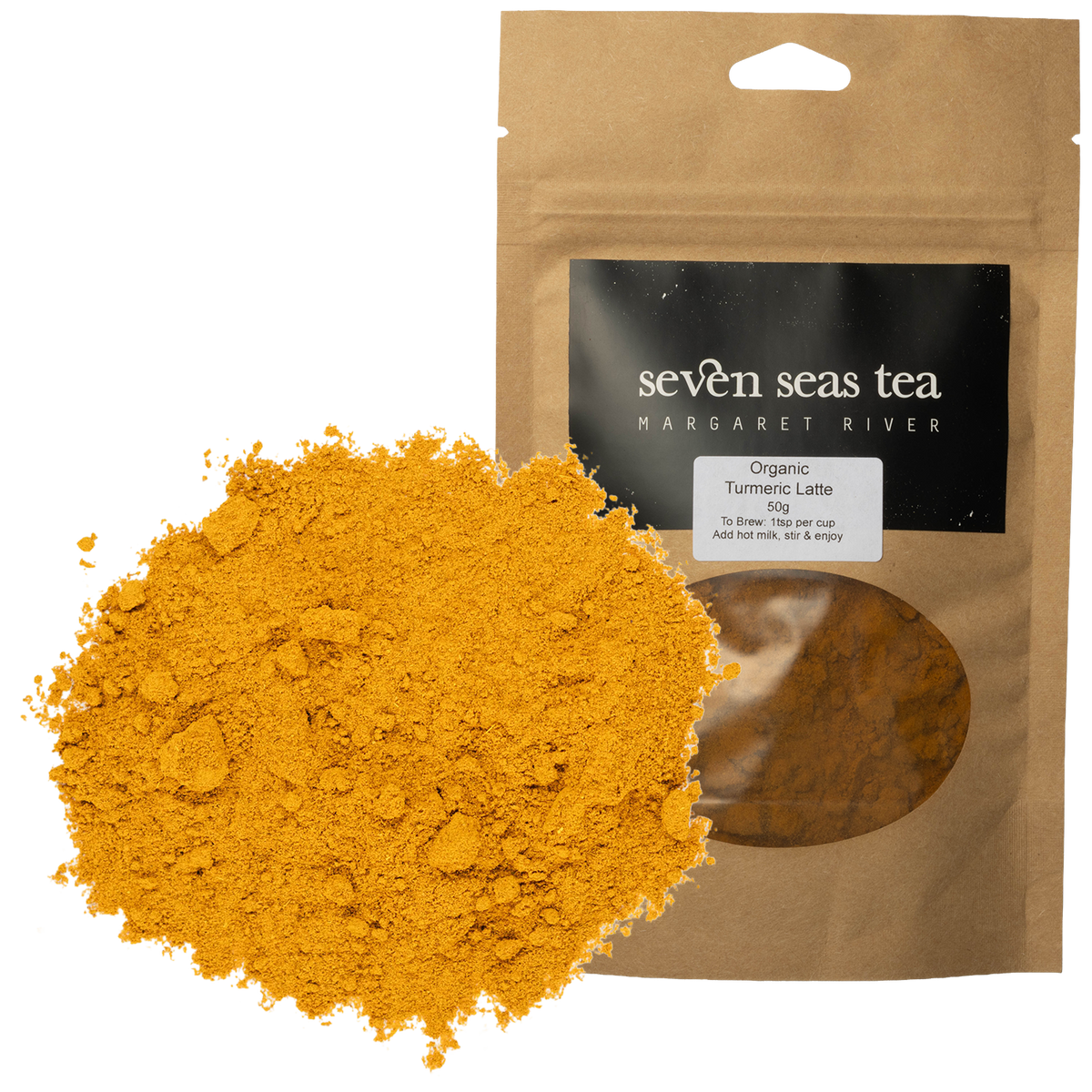Organic Turmeric Latte powder piled beside its kraft Seven Seas Tea pouch