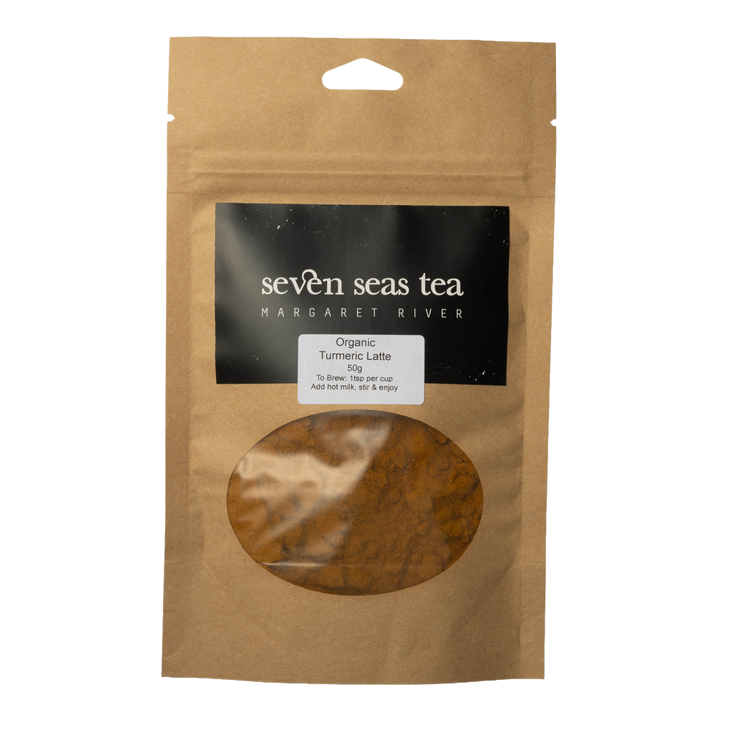 Kraft Seven Seas Tea pouch of Organic Turmeric Latte with a window showing the powder