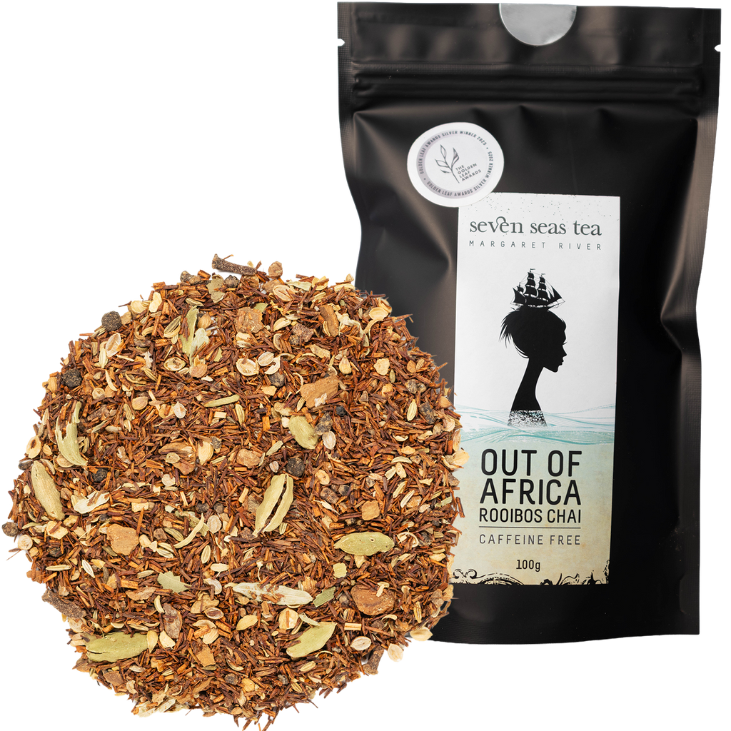 Out of Africa Organic Rooibos Chai leaf piled beside its pouch with a medal sticker