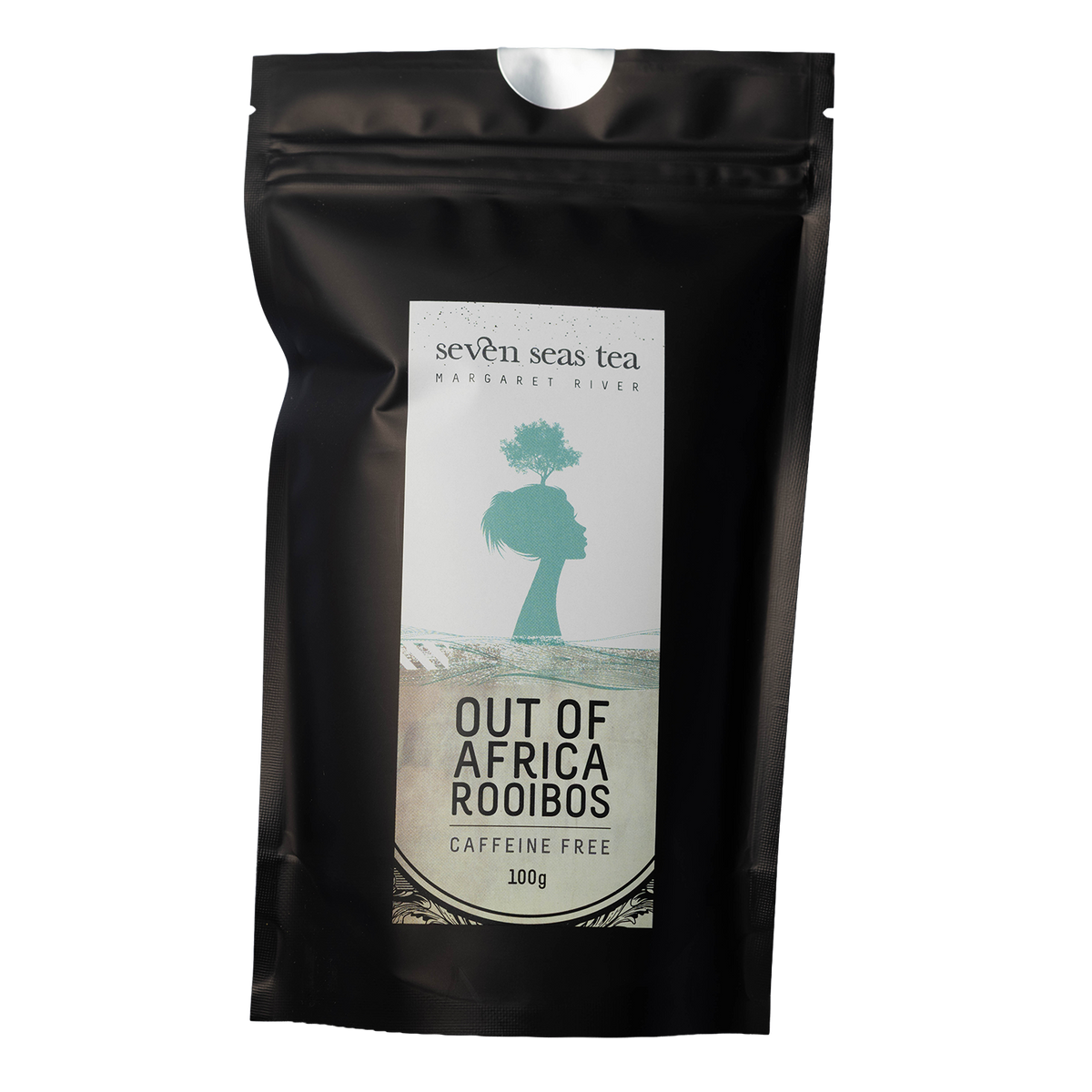 Black pouch of Organic Out of Africa Rooibos with a window showing the leaf