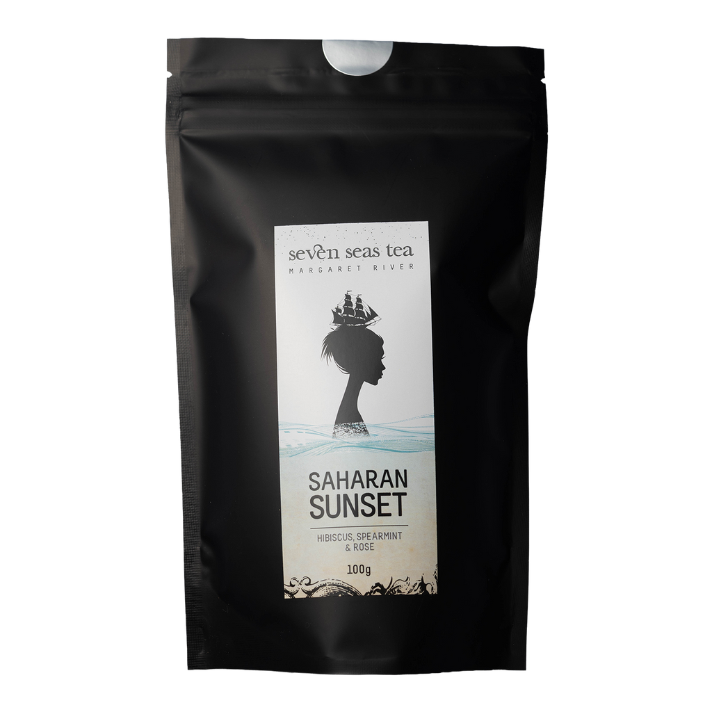 Black Seven Seas Tea pouch of Organic Saharan Sunset with a window showing the leaf