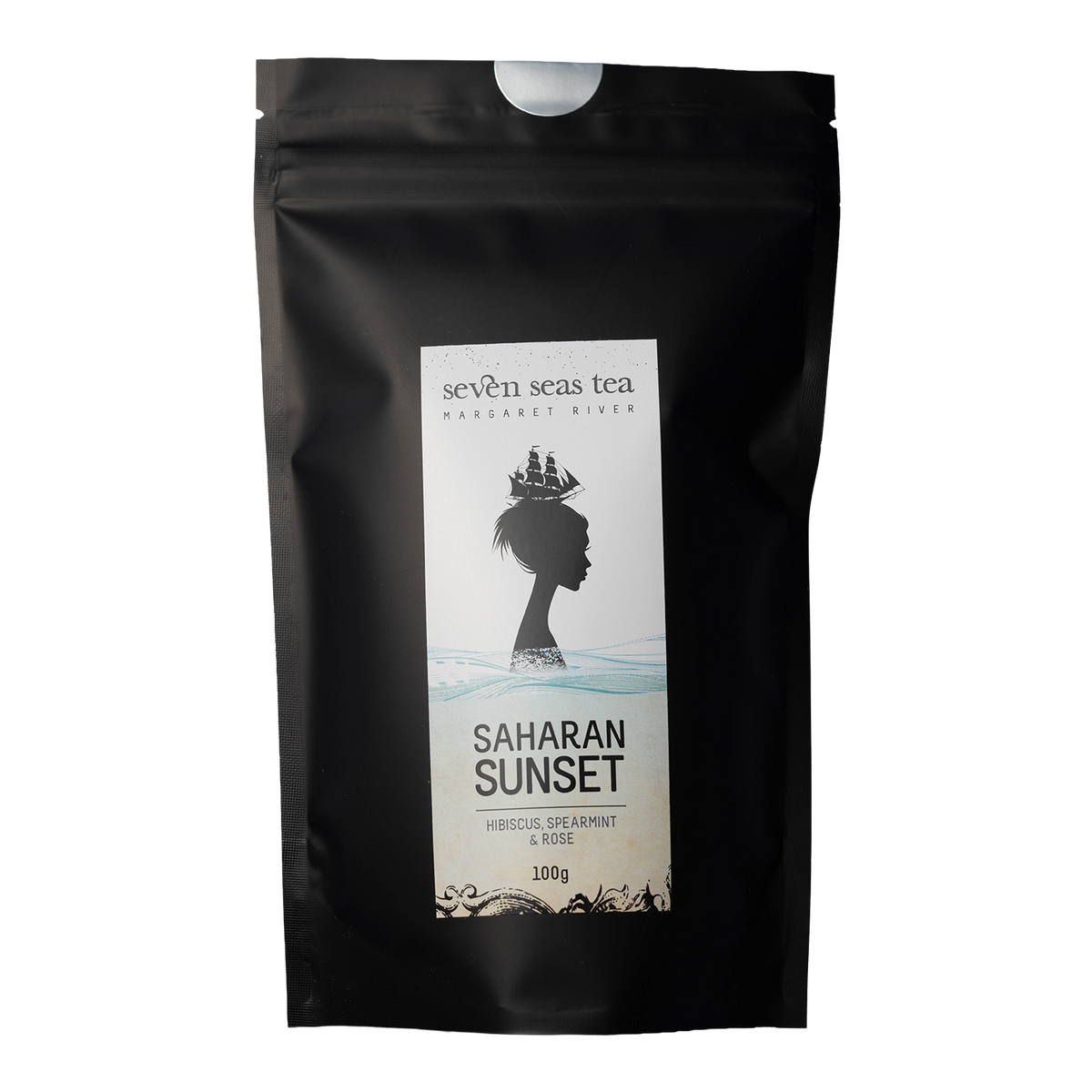 Black Seven Seas Tea pouch of Organic Saharan Sunset with a window showing the leaf