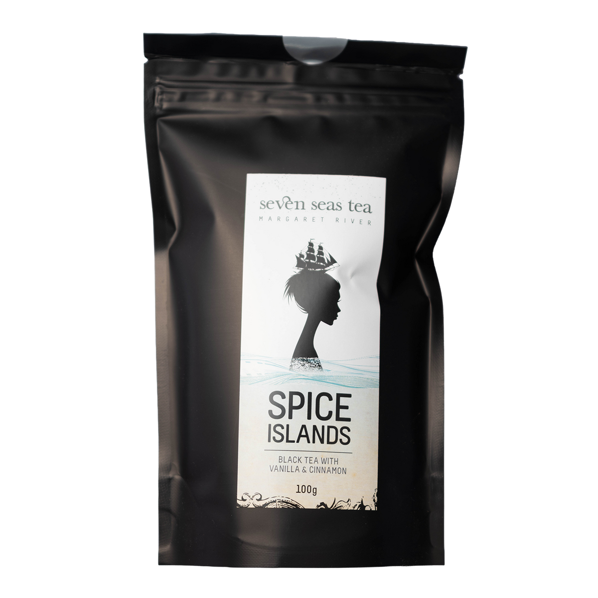 Black Seven Seas Tea pouch of Organic Spice Islands with a window showing the leaf