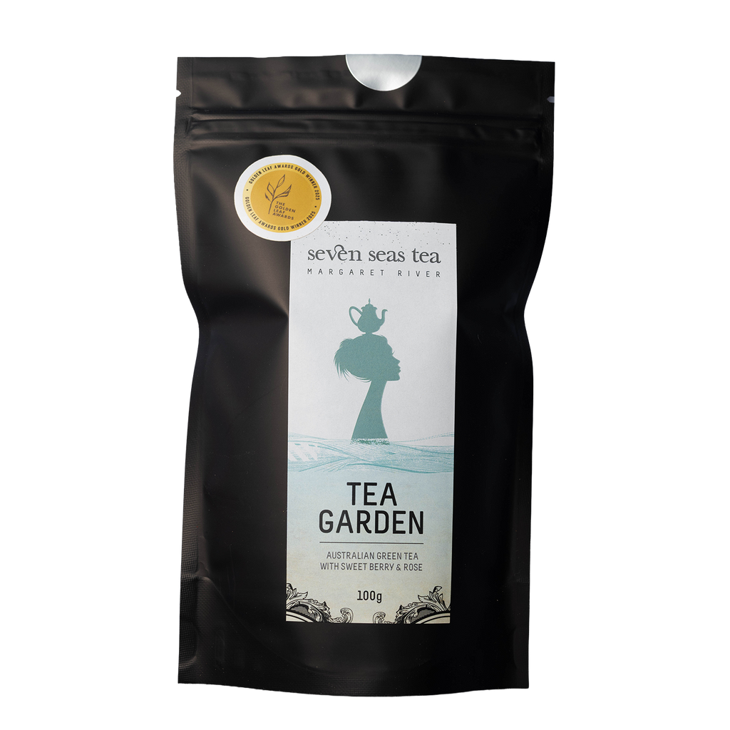 Black Seven Seas Tea pouch of Tea Garden green tea with a window showing the leaf