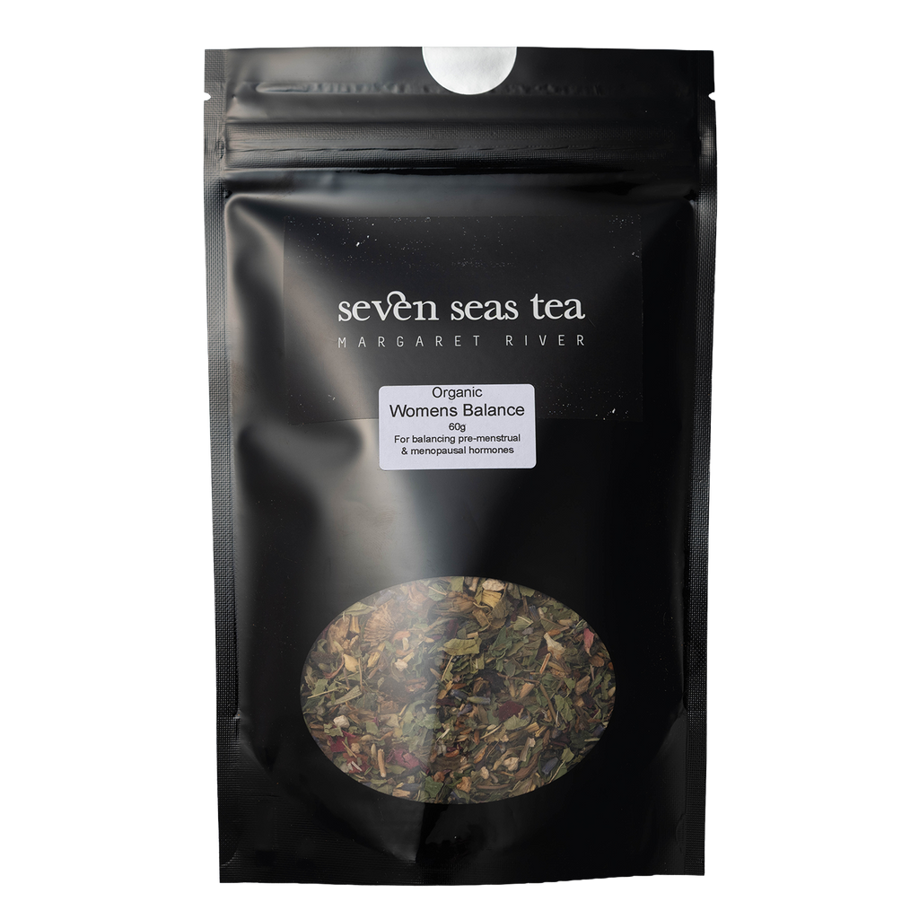 Black Seven Seas Tea pouch of Organic Women's Balancing Blend with a window showing the leaf