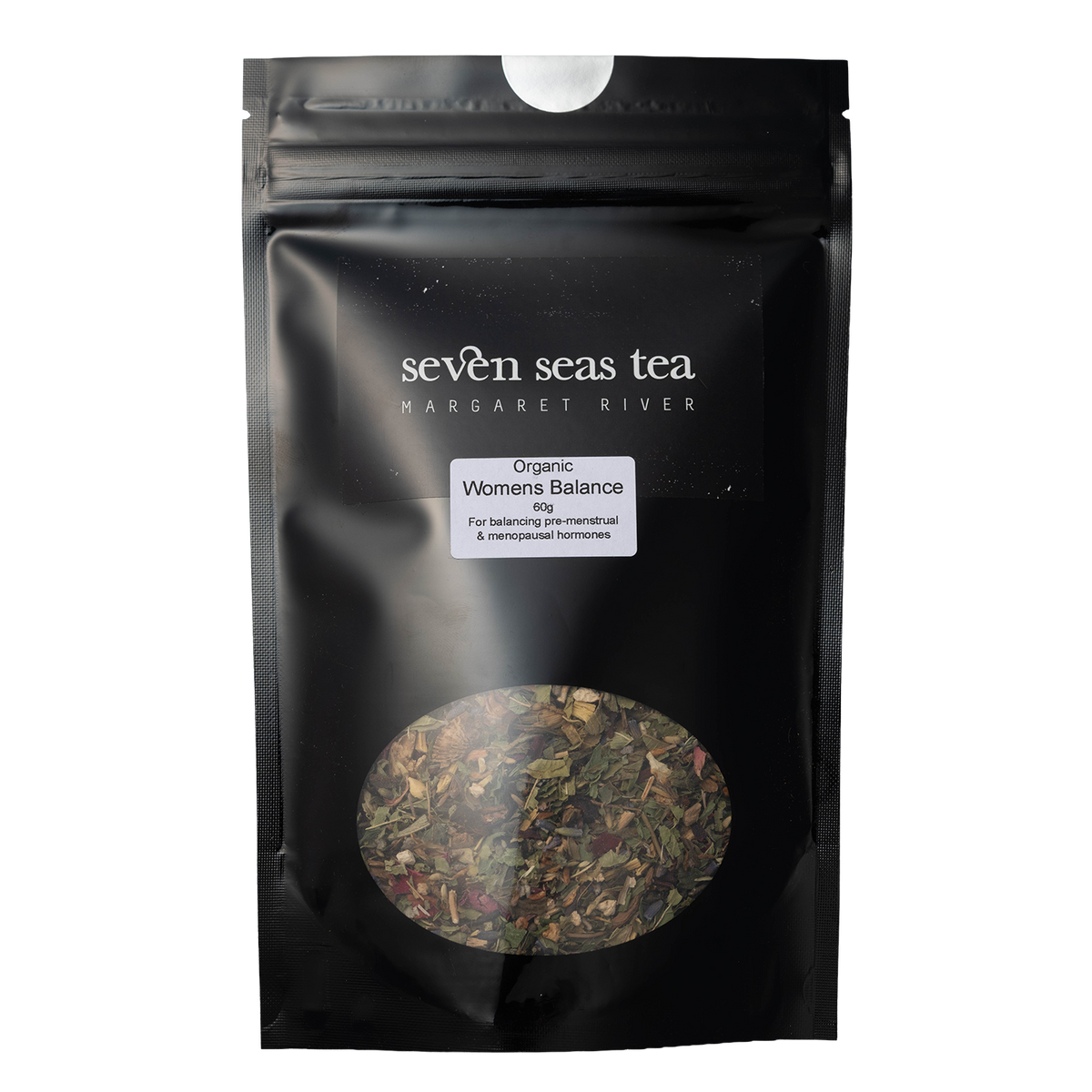 Black Seven Seas Tea pouch of Organic Women's Balancing Blend with a window showing the leaf